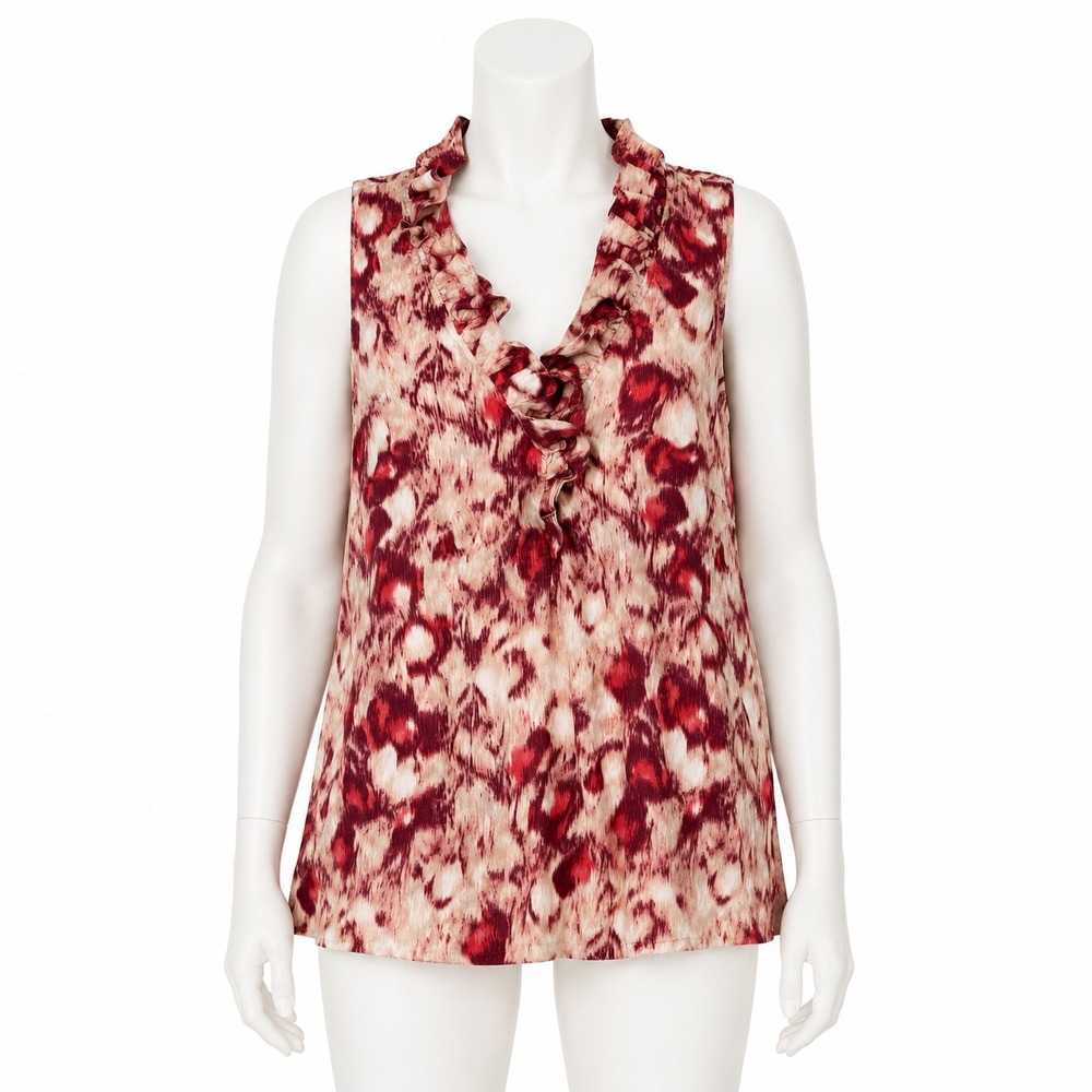 Ann Taylor Blouse Womens 12 Red Pink Abstract Ikat Ruffle V-Neck Sleeveless Top